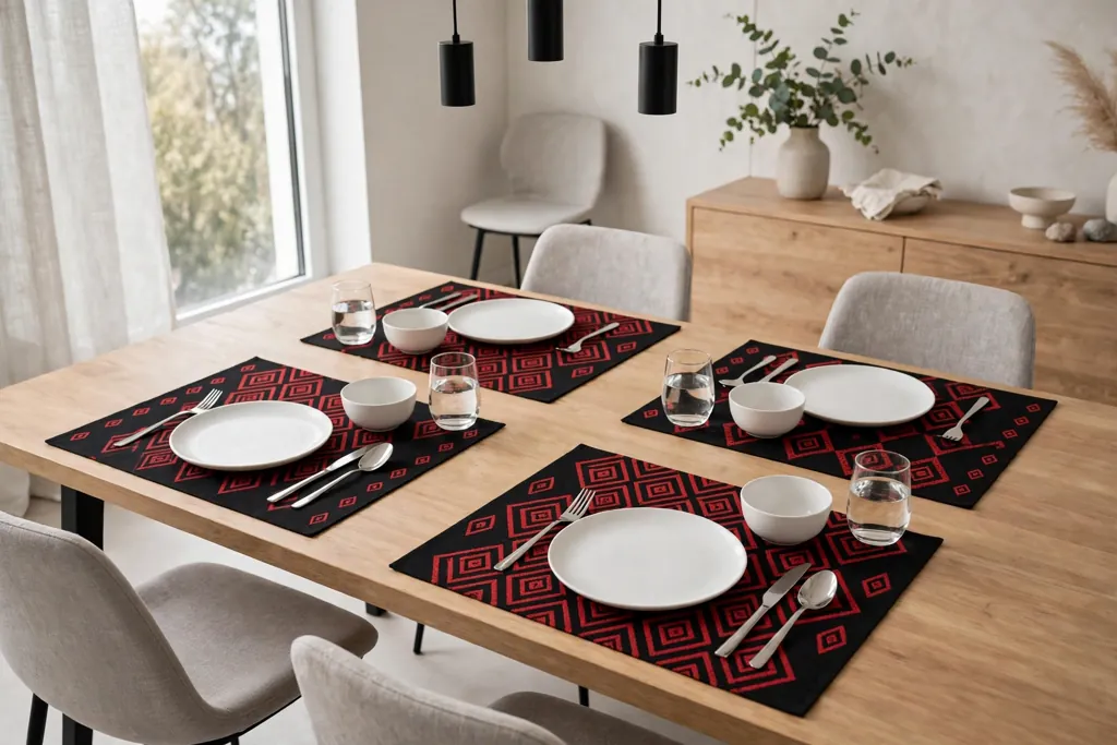 Black placemats with a red geometric diamond pattern, set with plain dishes in a modern dining room.