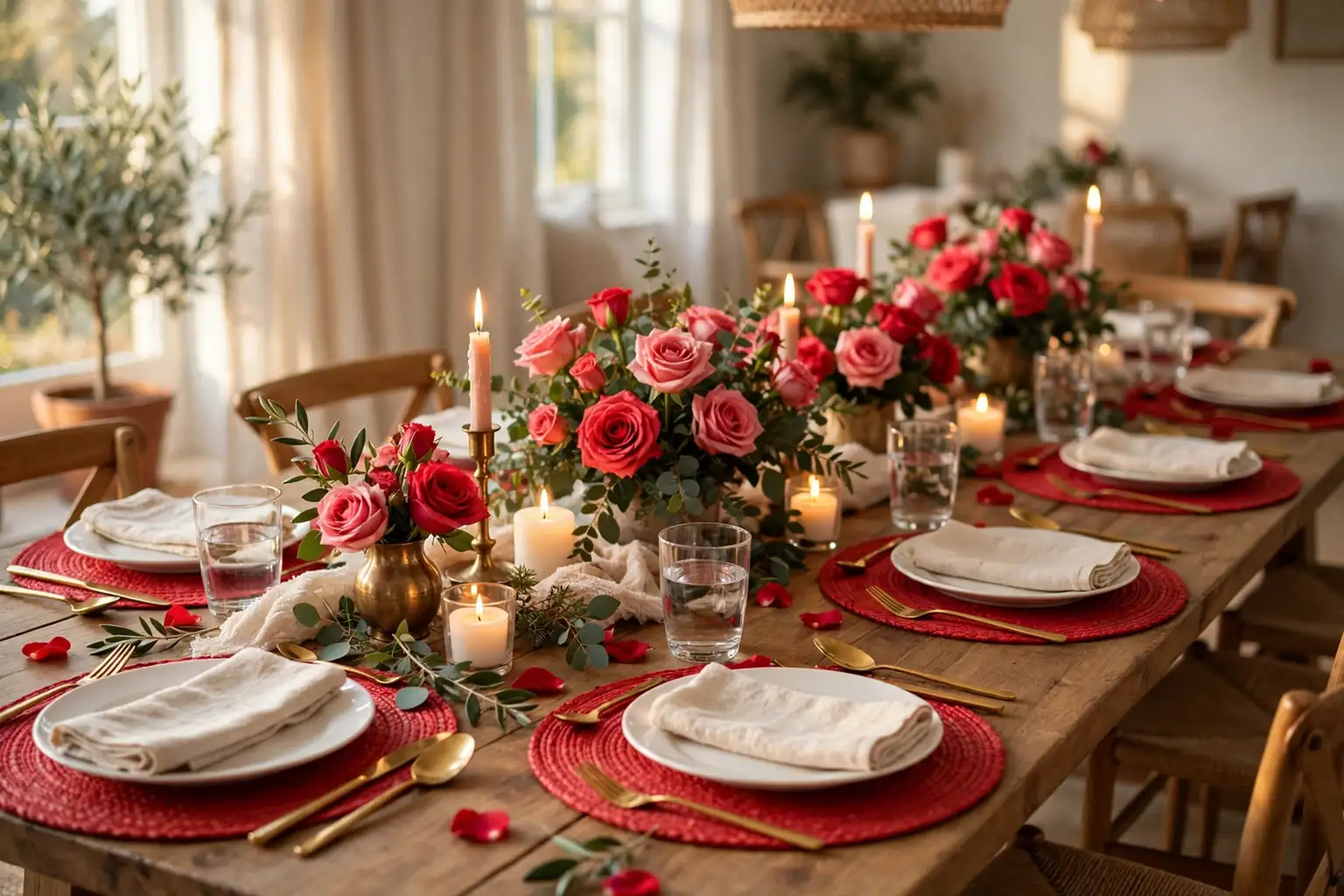A festive Valentine table set with red placemats, white plates, candles, and roses.