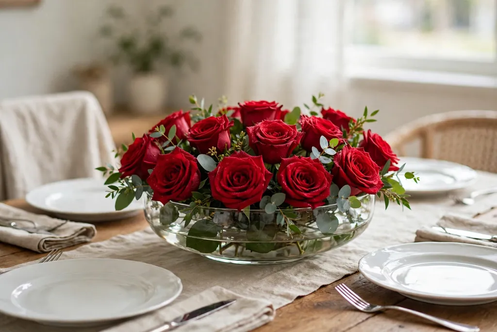 Low red roses arranged in a wide glass bowl as a Valentine table centerpiece.