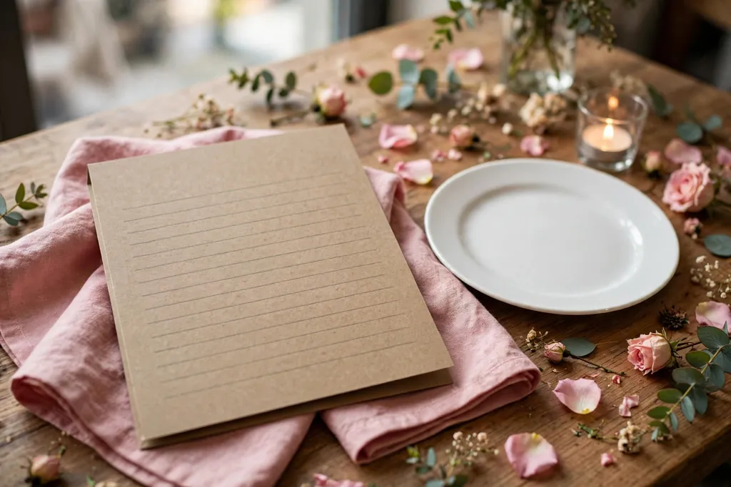 Kraft menu card with a handwritten note set at a Valentine place setting.