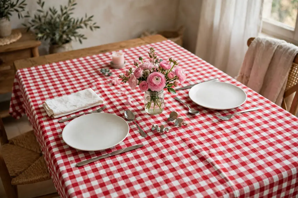 Red and white gingham tablecloth with white plates and a jar of pink blooms.