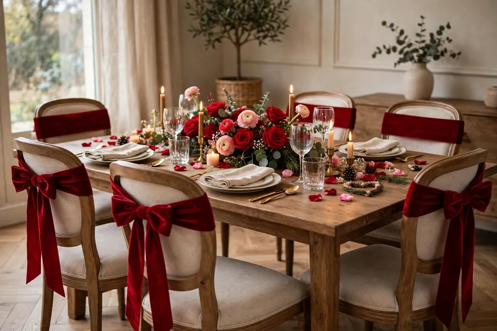 Dining chairs with red velvet ribbon bows tied at the back around a table.