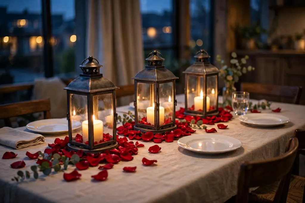 Lanterns with candles ringed by rose petals on a Valentine table.