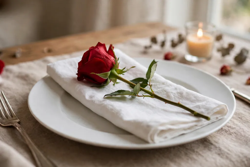 Single stem rose laid across a folded napkin at a Valentine place setting.