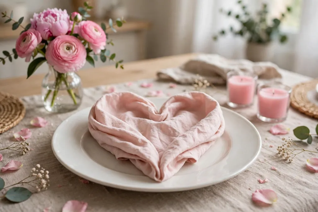 Heart-shaped folded cloth napkin set on a white plate.