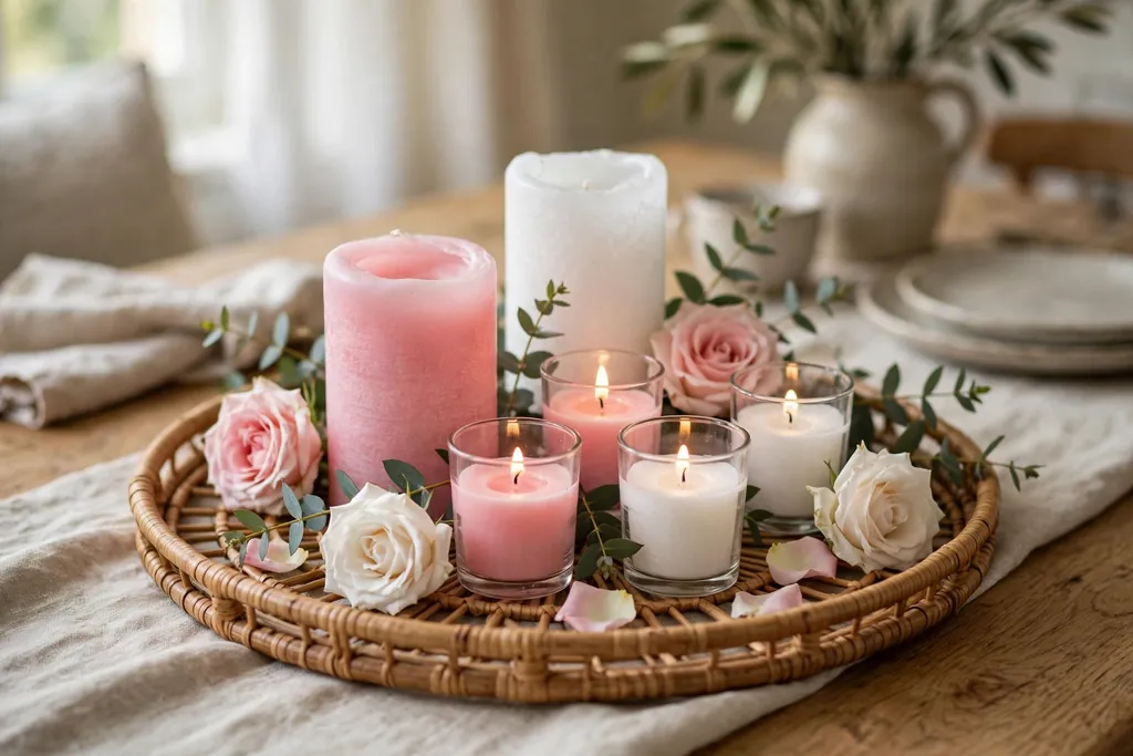 Pink and white candles grouped on a round tray with rose heads.