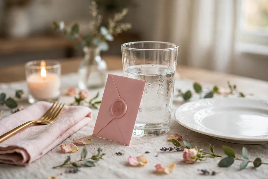 Small sealed envelope place marker leaning against a glass at a Valentine table.