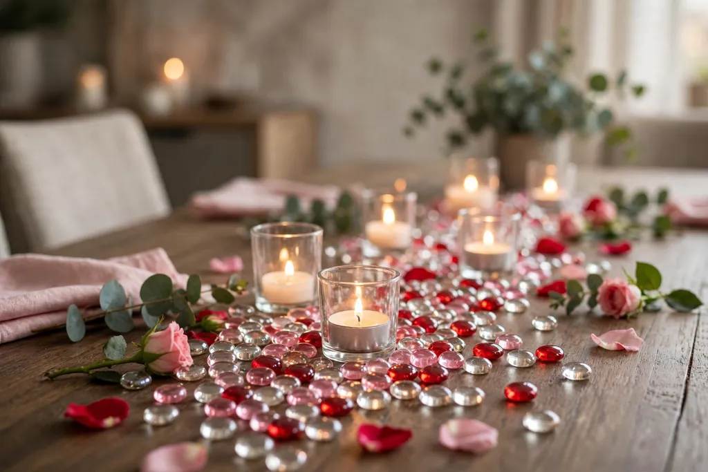 Glass beads in pink and red scattered with tea lights in holders on a table.