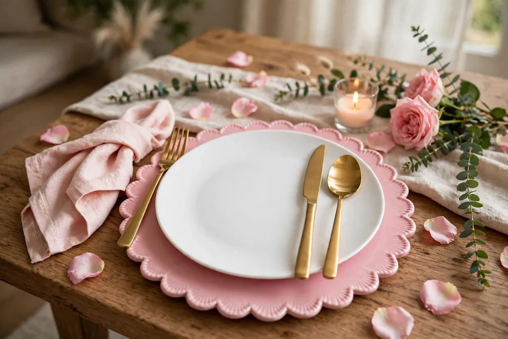 Pink scalloped charger under a white plate at a Valentine place setting.