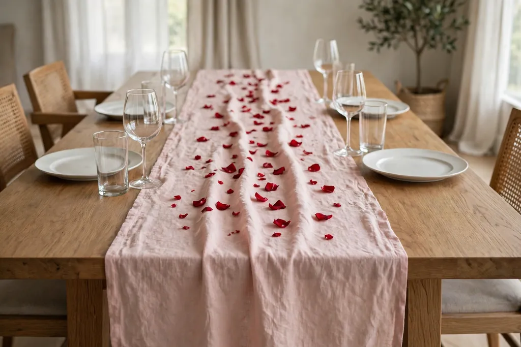 Blush pink table runner scattered with rose petals on a Valentine table.