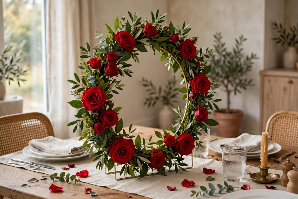 Standing floral hoop decorated with roses and greenery on a Valentine table.