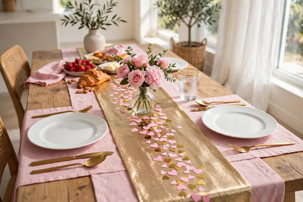 Pink and gold brunch table with heart confetti and a vase of pink blooms.