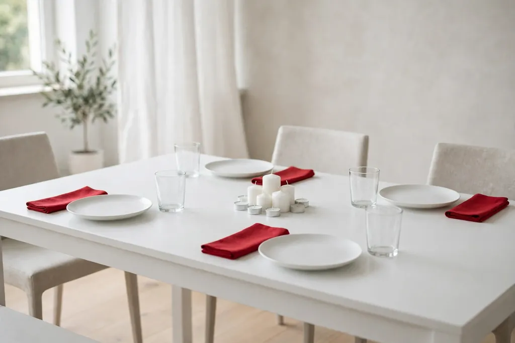 Minimal white table with one red napkin accent at each place setting.