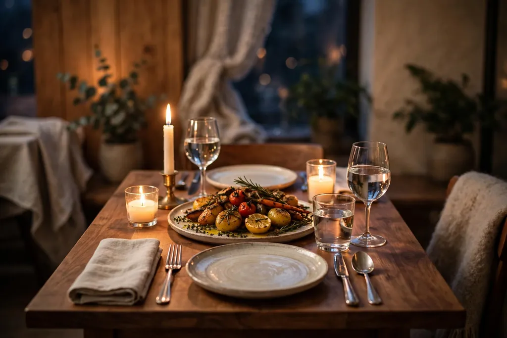 Candlelit table for two with a shared platter in the center.
