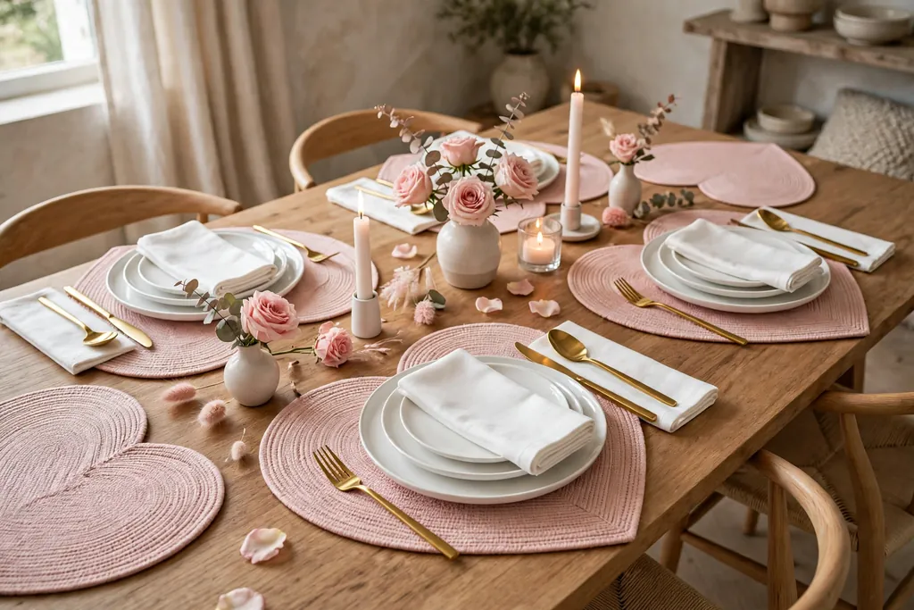 Heart-shaped placemats with layered white plates at a Valentine table setting.