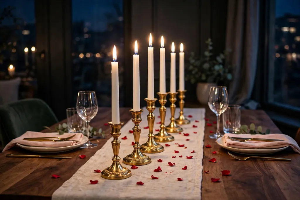 Gold candle holders with taper candles down the center of a Valentine table.