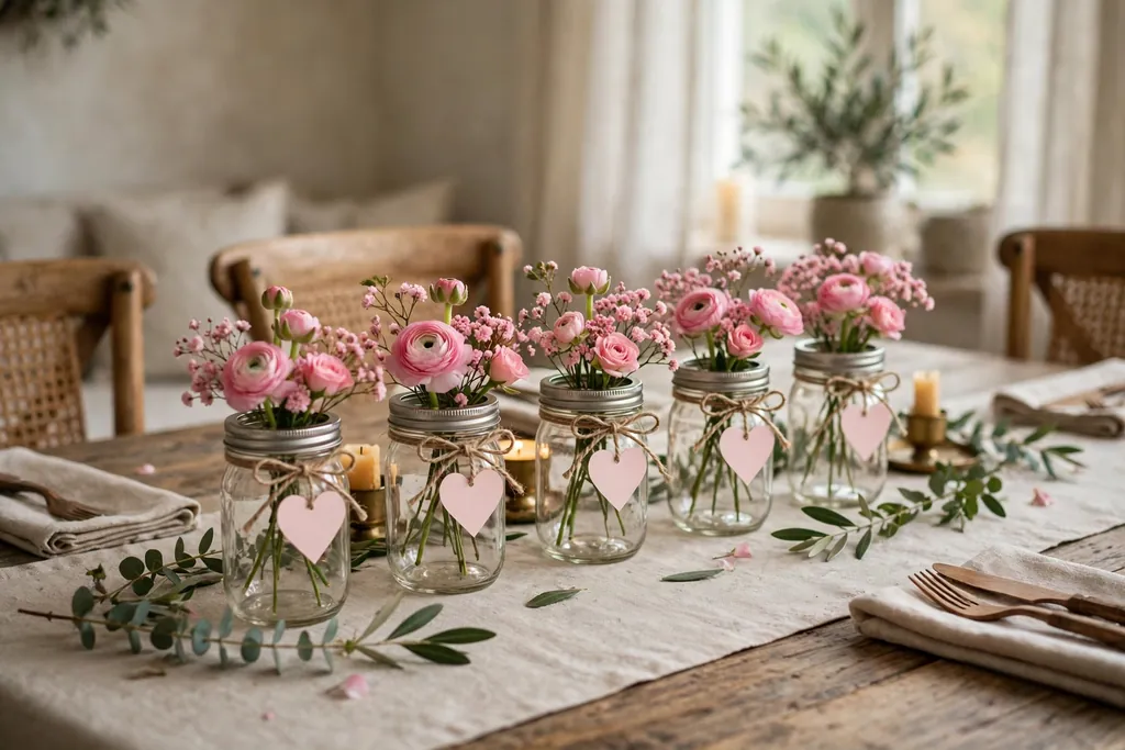Mason jars with pink blooms tied with twine and small paper hearts on a table.