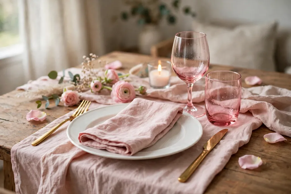 Pink drinking glasses and gold cutlery beside white plates at a Valentine place setting.