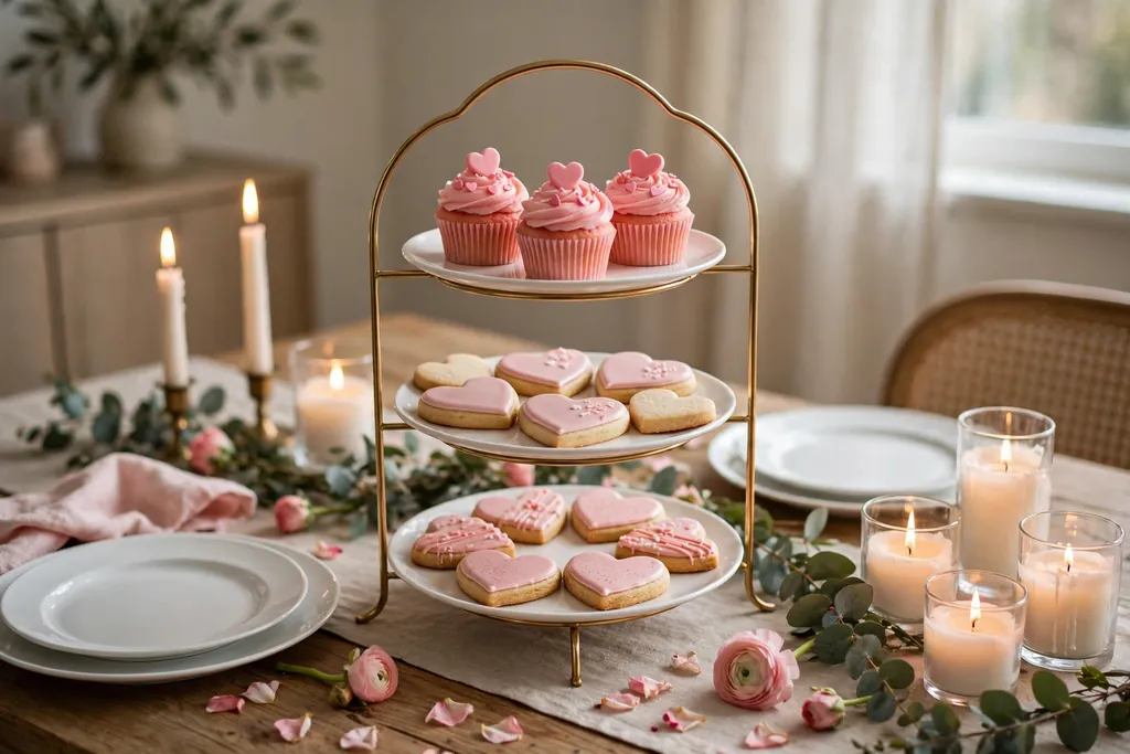 Tiered stand holding heart shaped treats as a Valentine table centerpiece.