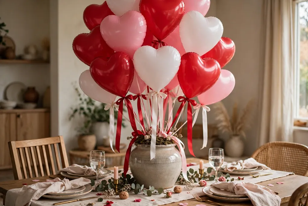 Heart shaped balloons in red and pink anchored in a weighted vase on a table.