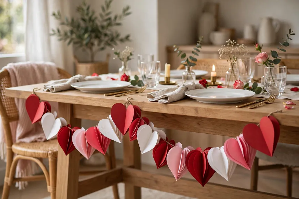 Paper heart garland in red, pink, and white draped along a table edge.