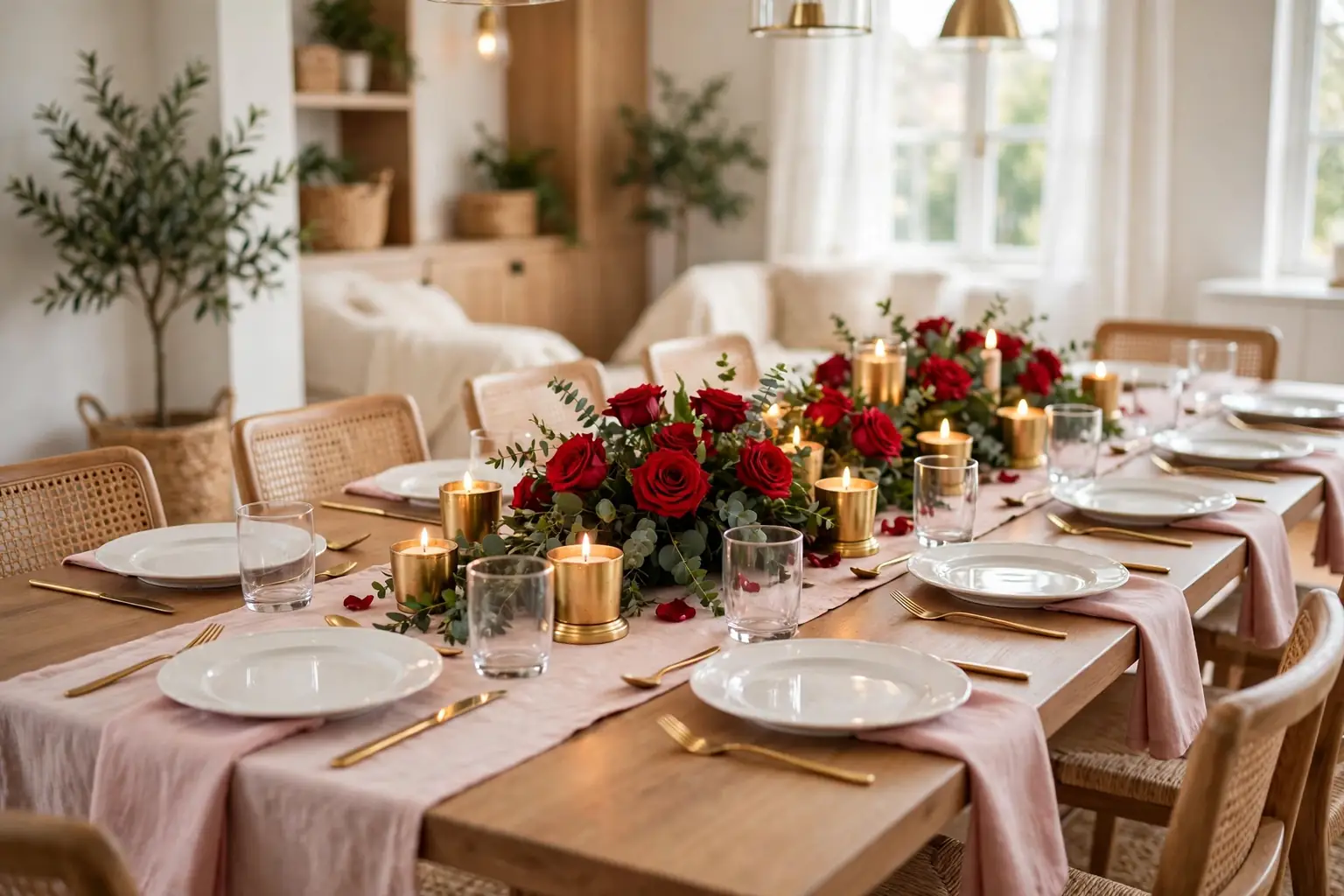 Dining table set for Valentine's Day with a low red rose centerpiece, pink linens, and warm candlelight.