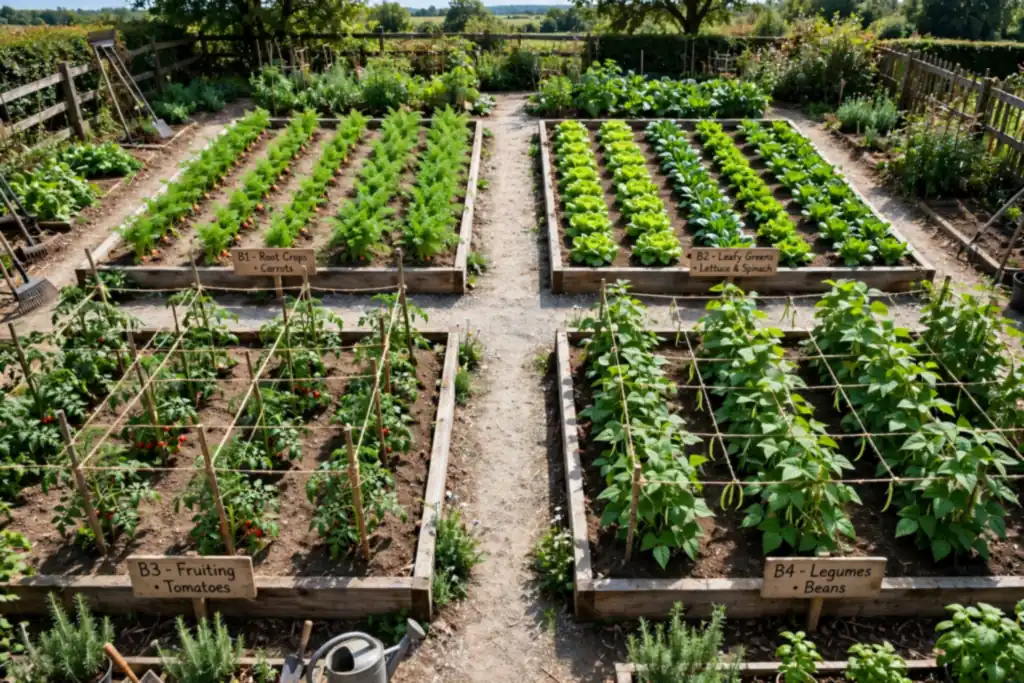 Vegetable garden divided into four rotation beds with clear paths between them.