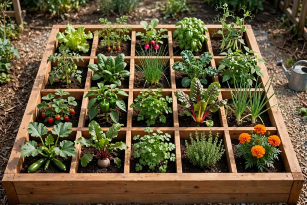 Square foot grid raised bed with a different vegetable crop growing in each square.