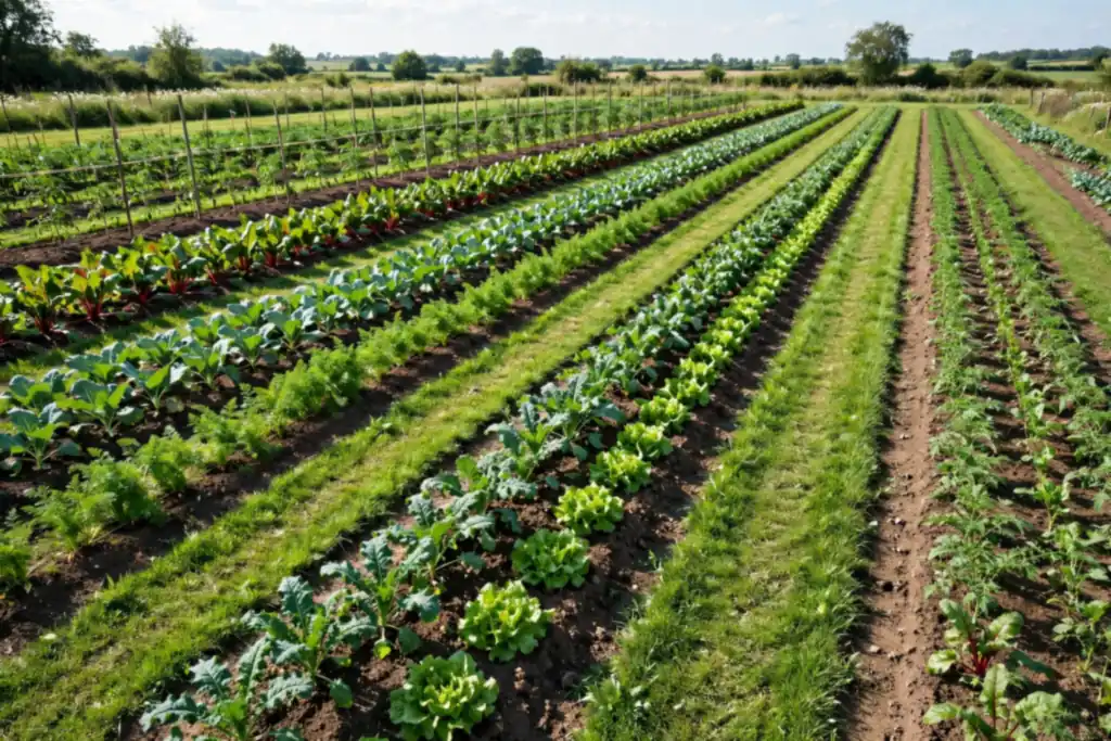 Sunny open vegetable plot with straight rows of crops and grass paths between rows.