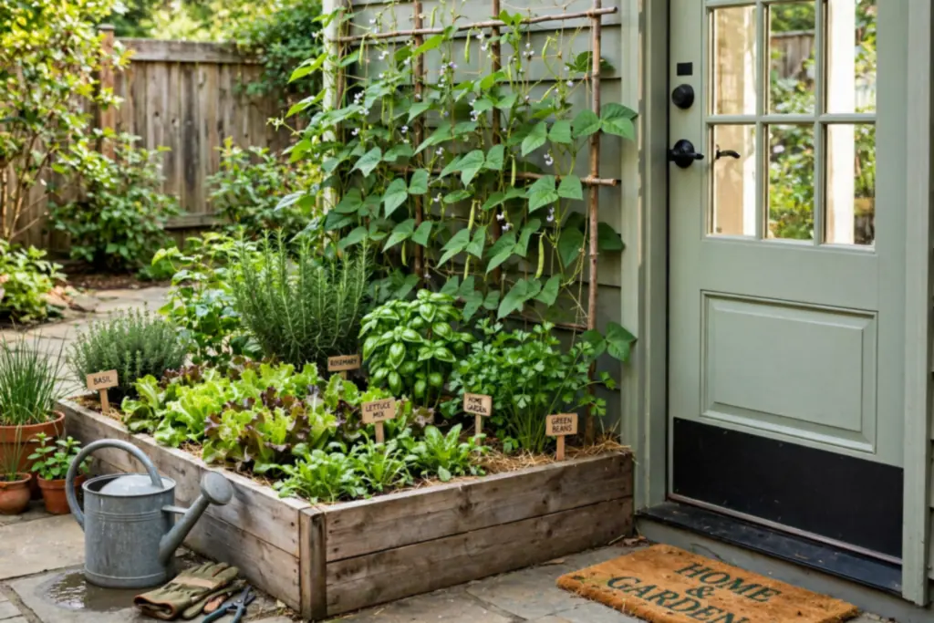 Raised bed kitchen garden beside a back door planted with salads