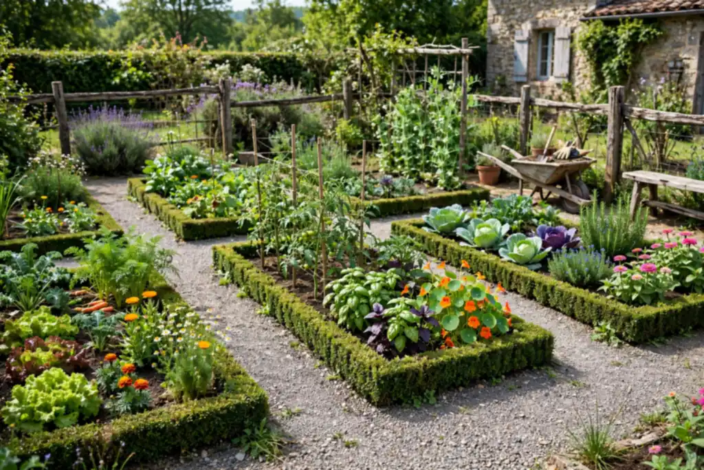 Potager kitchen garden with gravel paths and edged beds holding vegetables and flowers.