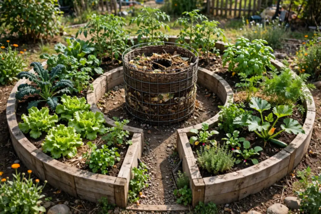 Round keyhole raised bed with a compost basket at its center and vegetables around it.