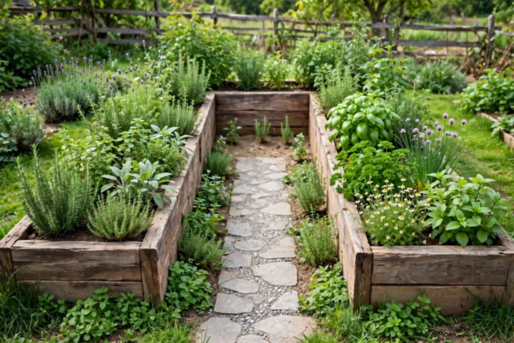 U shaped raised bed with a path into the middle and herbs growing at the edges.