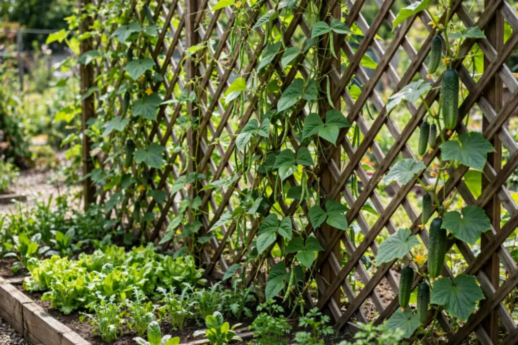Vertical trellis wall with climbing beans and cucumbers beside low salad crops.