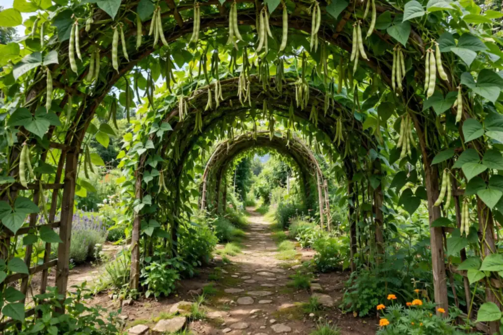 Garden path beneath a bean arch tunnel with pods hanging overhead.