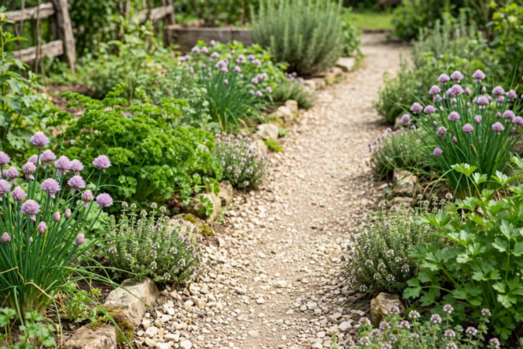 Herb border edging a garden path with chives