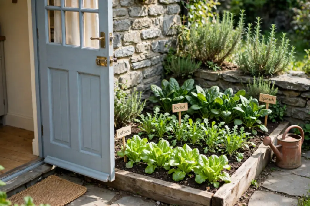 Small salad patch beside a kitchen door with rows of lettuce