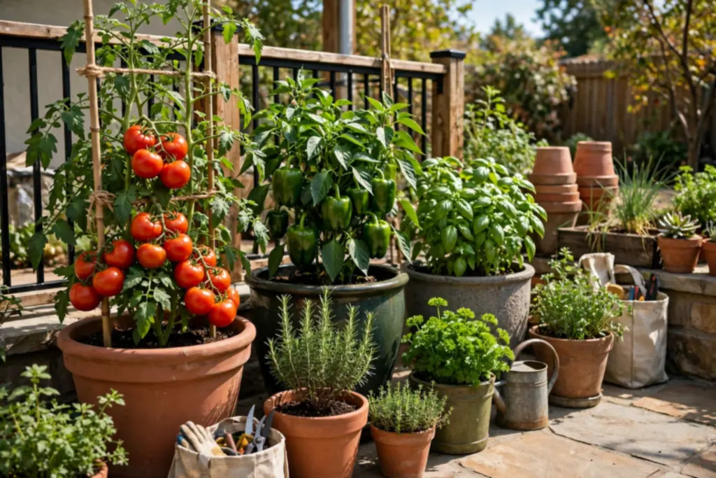 Patio container vegetable garden with large pots holding tomatoes