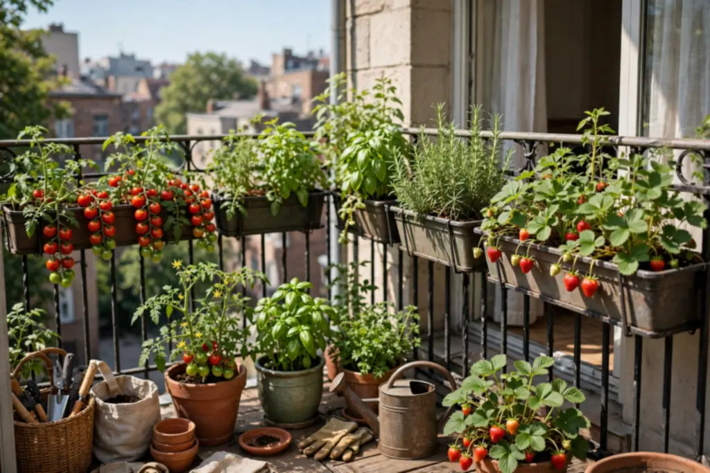 Balcony with vegetable pots and rail planters holding tomatoes