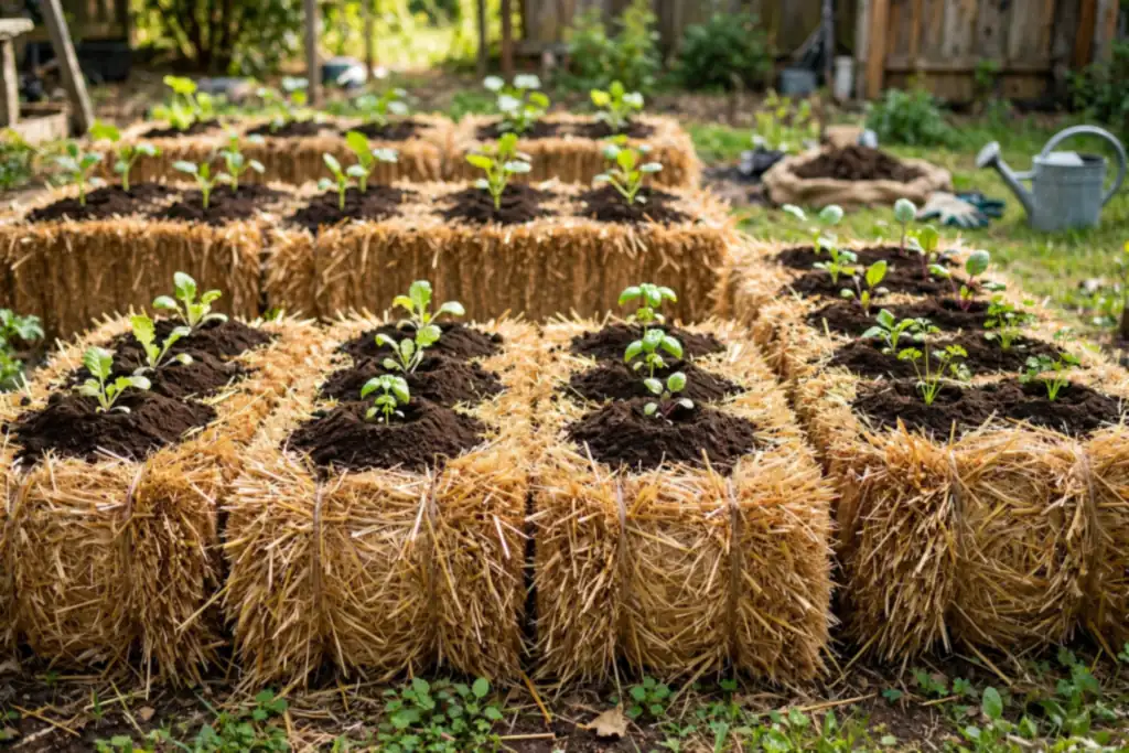 Straw bale vegetable beds with young vegetable plants growing from compost pockets on top.