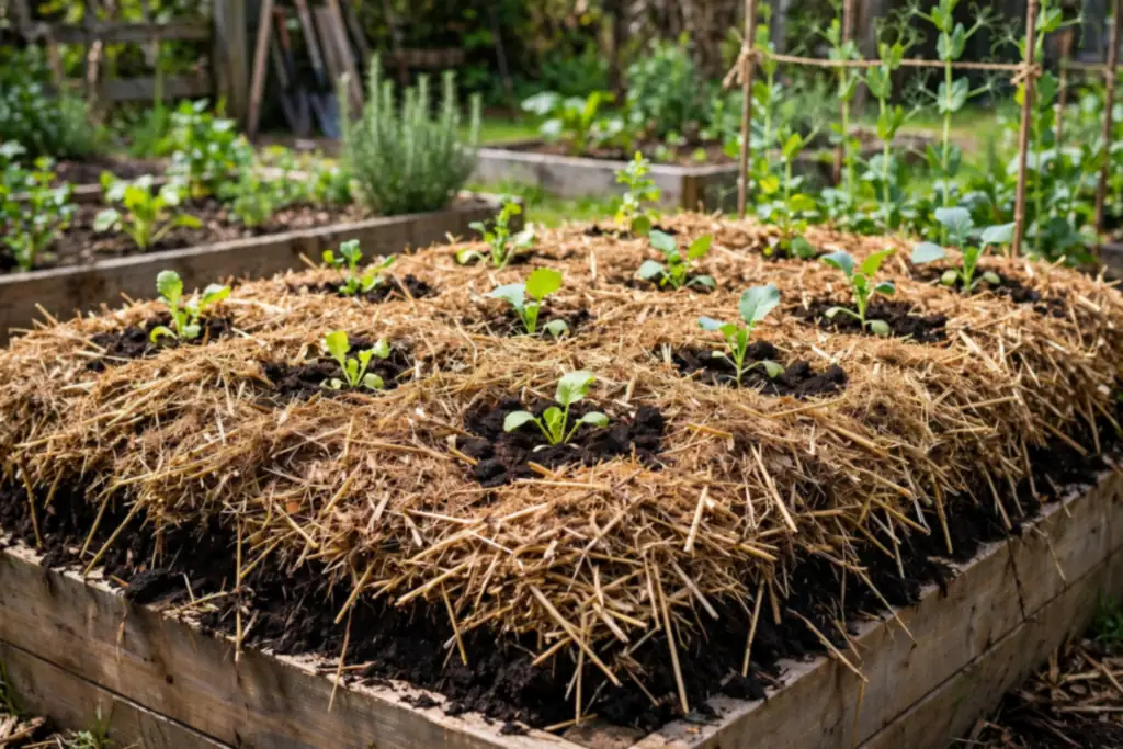 No dig vegetable bed layered with compost and thick mulch.
