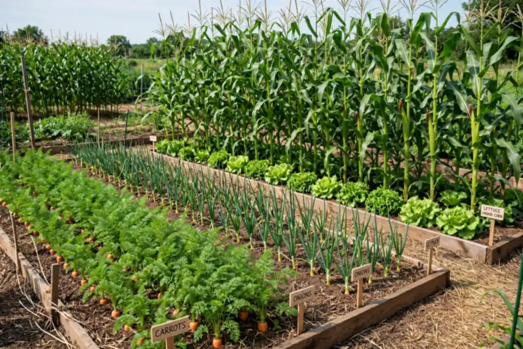 Companion planting rows with carrots beside onions and lettuce under tall crops.