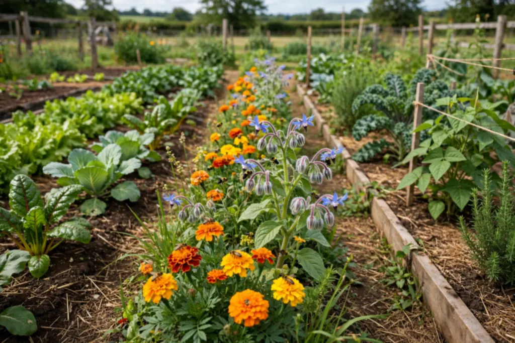 Pollinator flower strip of marigolds and borage running through vegetable beds.
