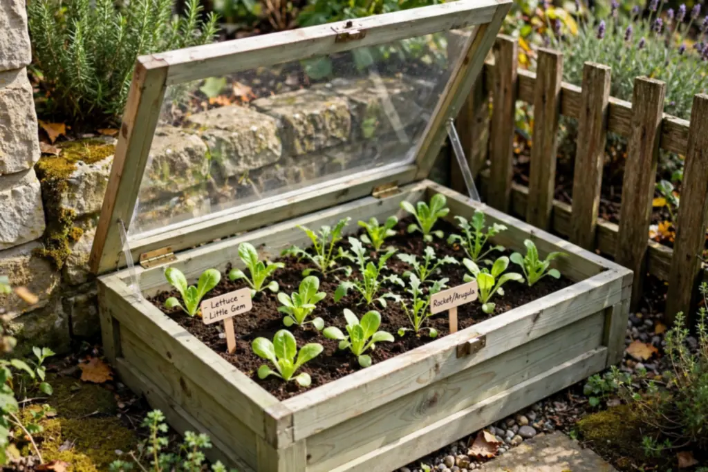 Cold frame with a clear lid holding young salad plants in a sunny garden corner.
