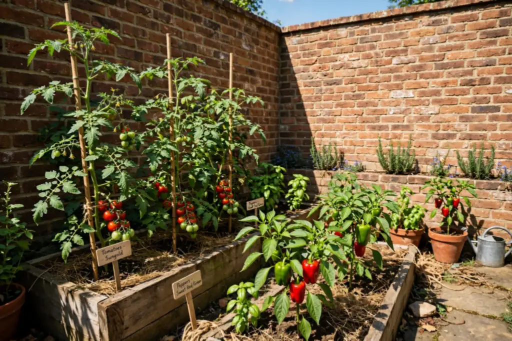 Sun trap garden corner against a sunny wall planted with tomatoes and peppers.