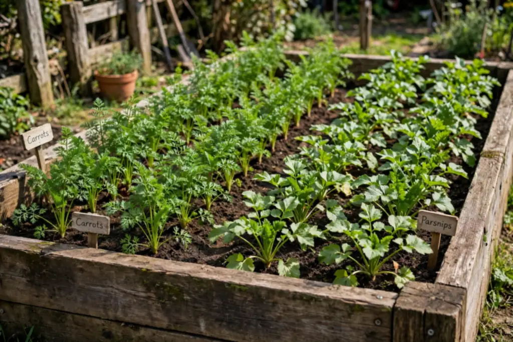 Deep raised bed for root vegetables with rows of carrots and parsnips.