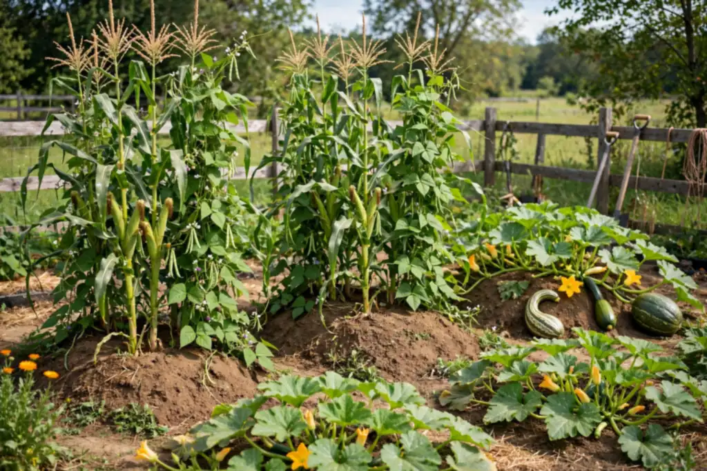 Three sisters mound garden with sweetcorn