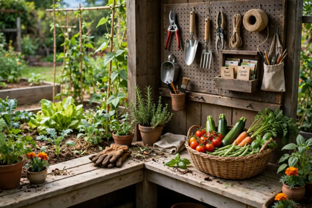 Vegetable garden work station corner with a bench