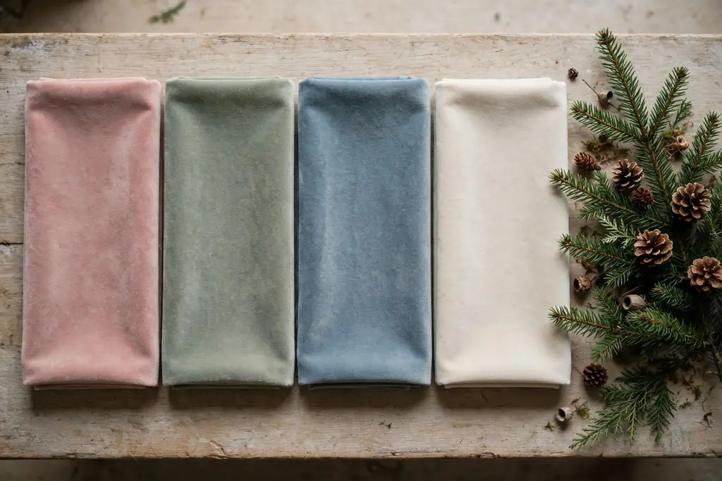 Muted velvet fabric samples in dusty rose, sage, dusty blue, and cream beside a tree branch.