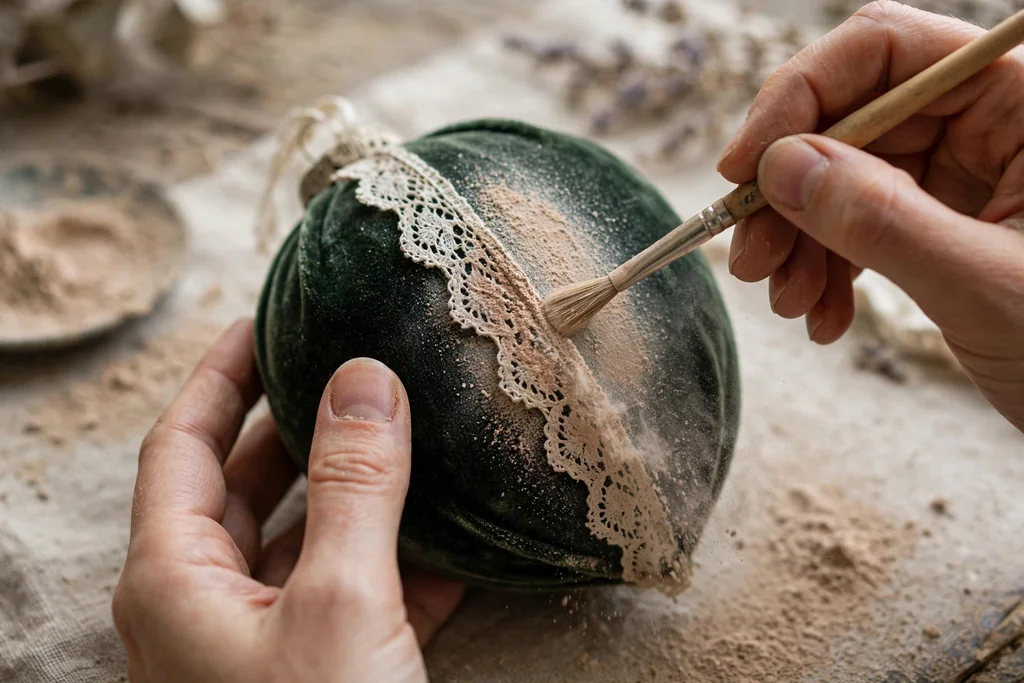 Hands brushing a soft dusty tone over lace trim on a velvet ornament.